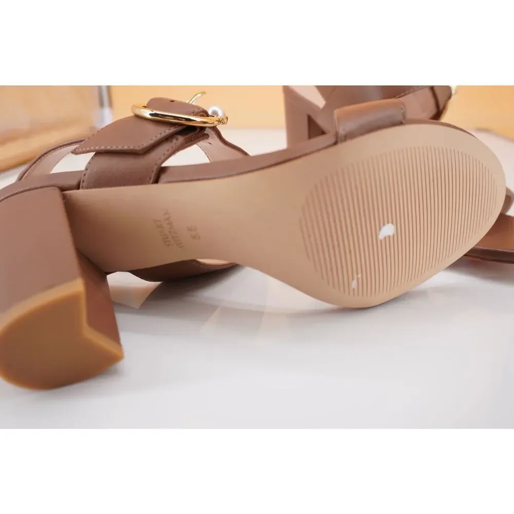 Stuart Weitzman Pearlring 75 mm Block Heel Buckle Sandal SZ 5.5 Camel NIB $495
